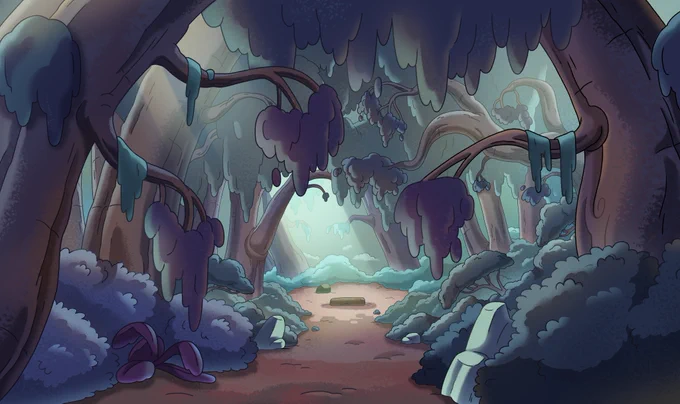 New   episodes are out! Here are some sad forest backgrounds I painted for "Happy Bouncy Fun Town"Bg Designs by Betsy LukColor Supervision by  Art Direction by  #webabybears #cartoonnetwork 