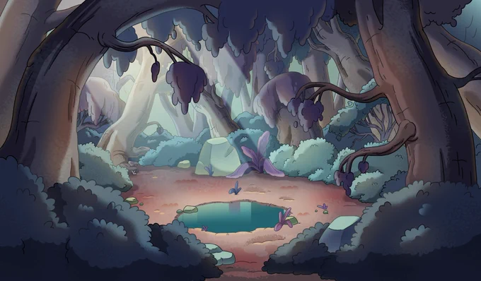 New   episodes are out! Here are some sad forest backgrounds I painted for "Happy Bouncy Fun Town"Bg Designs by Betsy LukColor Supervision by  Art Direction by  #webabybears #cartoonnetwork 