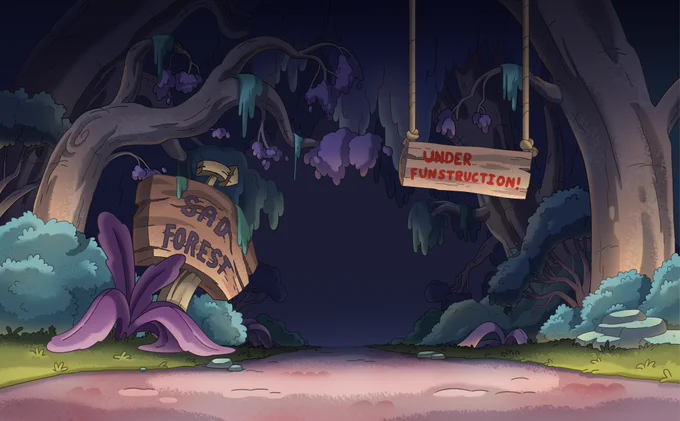 New   episodes are out! Here are some sad forest backgrounds I painted for "Happy Bouncy Fun Town"Bg Designs by Betsy LukColor Supervision by  Art Direction by  #webabybears #cartoonnetwork 