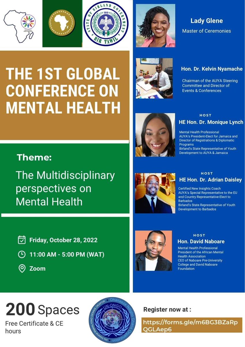 EDENTRINIDAD's tweet photo. In their capacities for the #AUYA @AssemblyAfrican, 
 #State_of_Birland &amp; #UN_ONGO, Hon.Dr.Daisley &amp; Dr.Monique Lynch will be hosting a Global Conference on Mental Health in association w/the African Mental Health Association on 10-28-2022 11am-5pm West African Time.@birlandgov https://t.co/t7Irtkvx0j