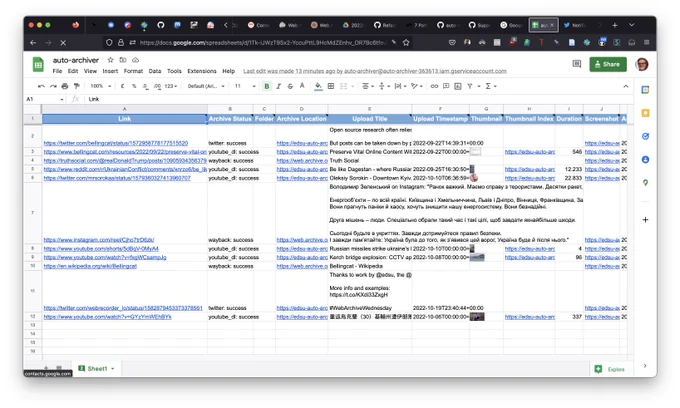 An image of a Google Sheet with links to WACZ files.