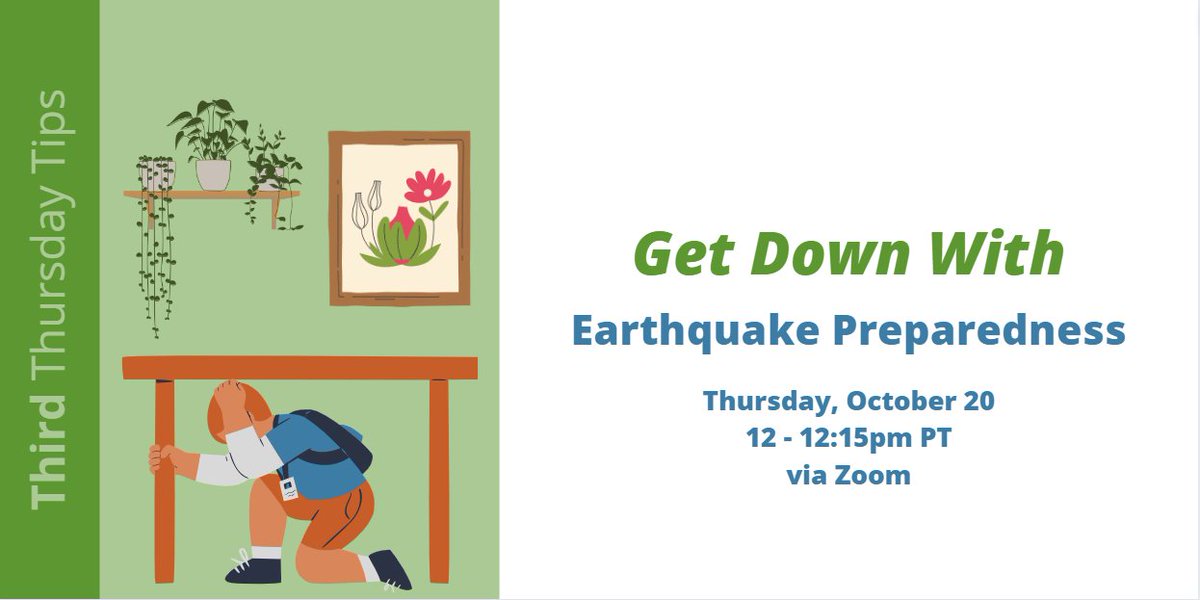 FEMARegion10's tweet photo. A few hours after you practice "Drop, Cover, and Hold On" for #ShakeOut, join us to learn about earthquakes and how we can better prepare for them!
#ThirdThursdayTips
Register for our 15 min webinar below ⬇️
💻: https://t.co/ObzKJueh75 https://t.co/gM4OIMass5