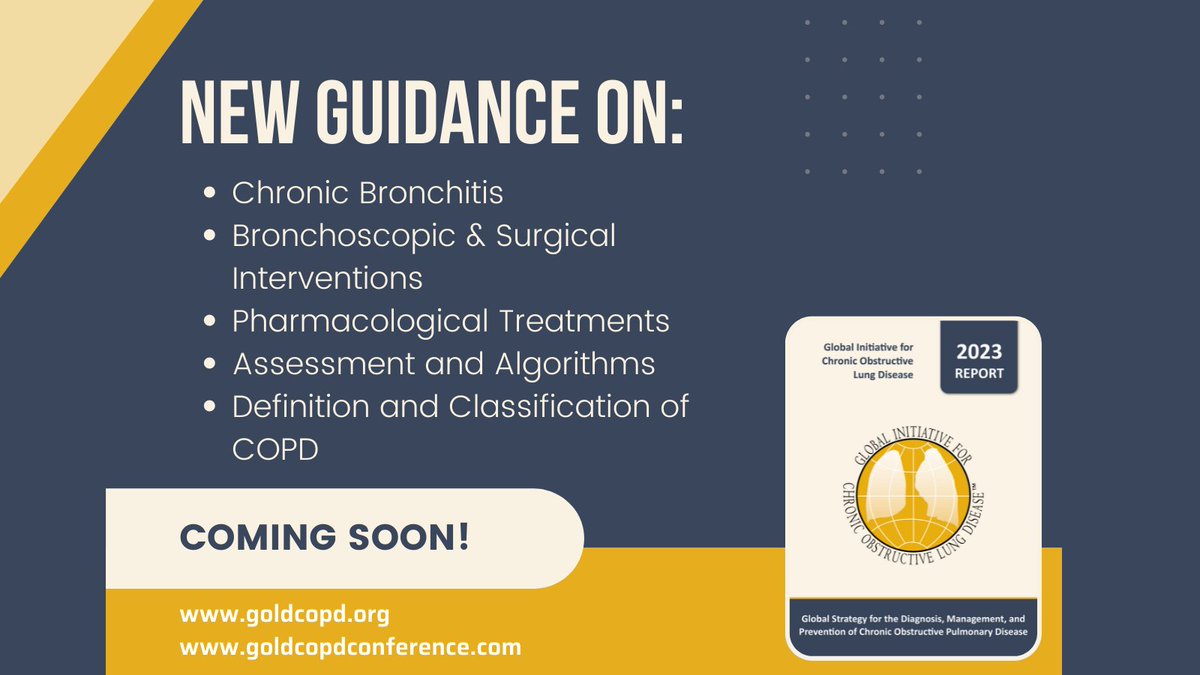 GOLD_COPD's tweet photo. Coming mid-November! The 2023 GOLD report will contain important updates, including changes to the ABCD assessment tool, and updates on how to define and classify COPD. Hear these changes and more at our upcoming conference November 16th!
To Register:
https://t.co/ckgksBIqaU https://t.co/9ezMqHwFYM