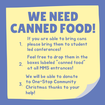 MattoonCUSD2's tweet photo. The Mattoon Middle School Student Council is collecting canned food for One Stop Community Christmas. Please bring donations to the student led conferences tomorrow and Friday and drop them off in the collection boxes at the MMS entrance. Thank you for your help!
#MCUSD2 https://t.co/nuaMbS3XCz