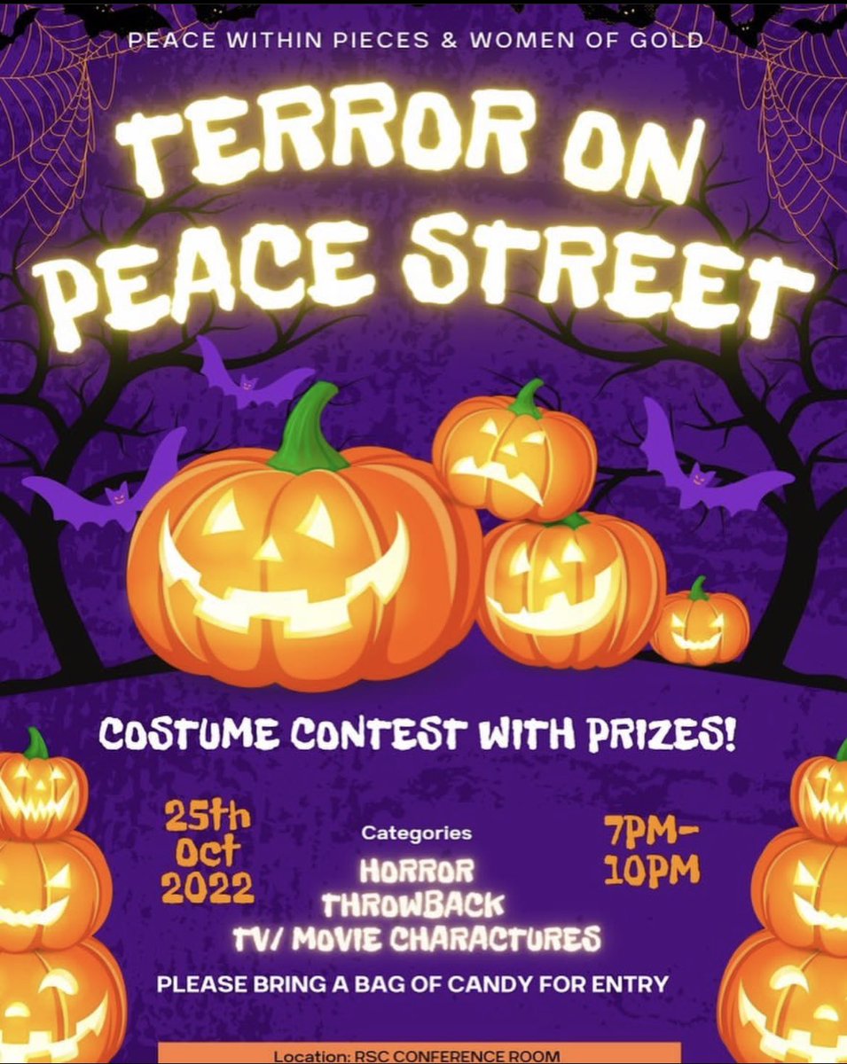 PWithinP's tweet photo. WOG and PWP bring you …Terror On Peace St! Get your costumes ready and use the link below to be apart of the competition 🎃💜 
•
Candy collected will be donated to S2S for their annual Monster Mash ! @tamuc_s2s 🫶🏽

https://t.co/MoO0Y9Befa https://t.co/KXswUoKkvL