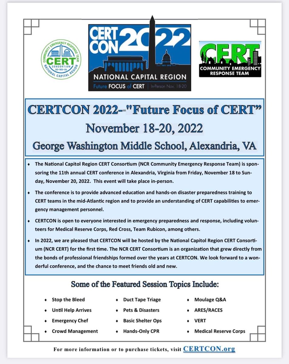 CERTCon's tweet image. We are CERTainly gearing up for our NCR CERT conference in November. Please go to certcon.org today to reserve your spot! #certcon2022
