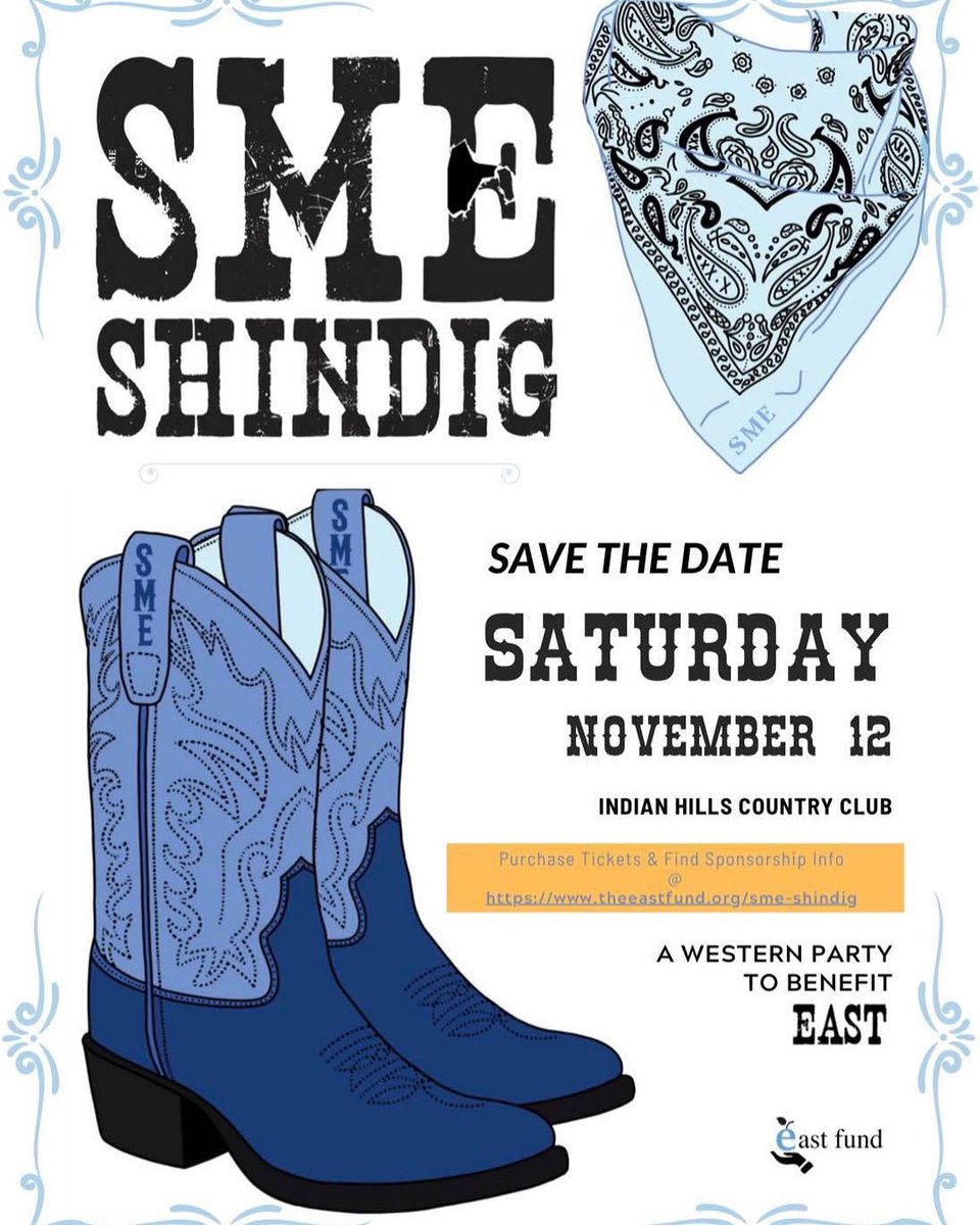 EastFund's tweet photo. 👋Howdy partners! 🎟Get your tickets NOW for a FUN night out at the SME Shindig on Saturday, November 12 at Indian Hills Country Club. 

🤠Live music from Perpetual Change 🔹 bites &amp; bevs 🔹 4 awesome LIVE auction items 🔹 and MORE!

🎟Buy your tickets: https://t.co/AiAzsa0PYq https://t.co/Q0CgvBCBKH