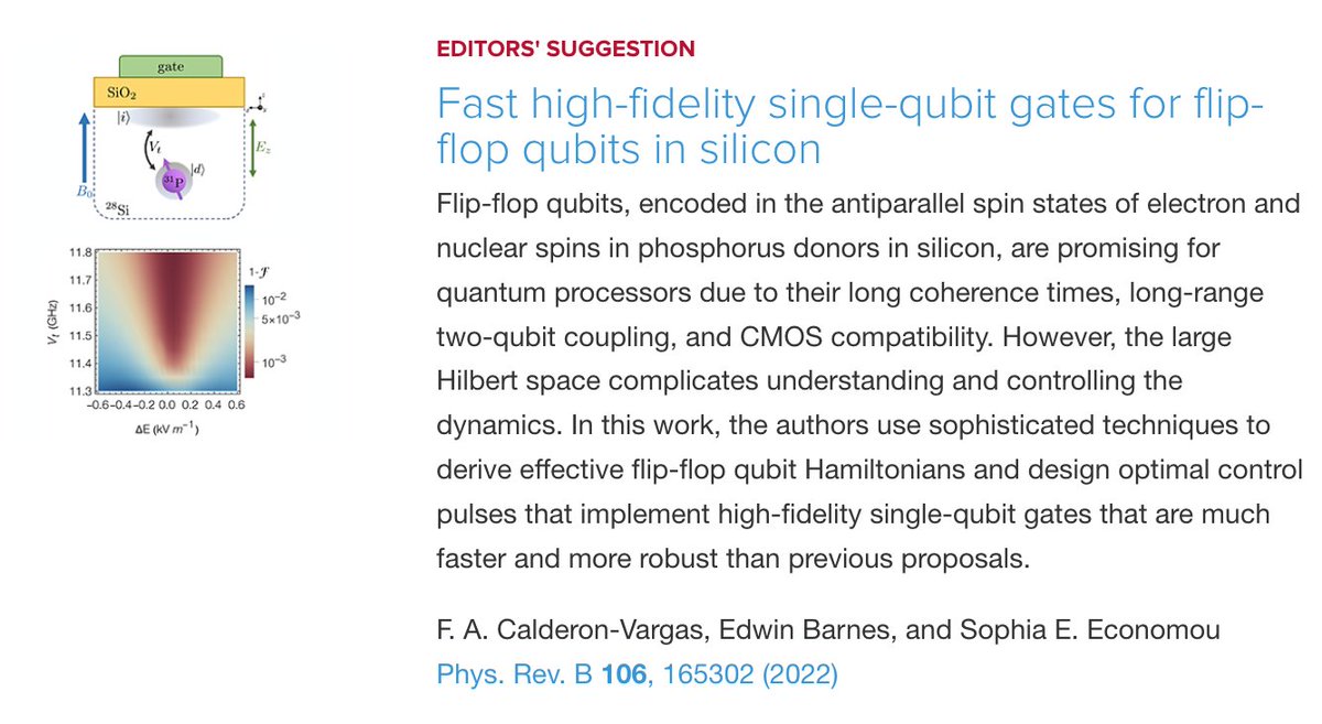 PhysRevB's tweet photo. PRB Editors' Suggestion: Fast #high_fidelity #single_qubit gates for flip-flop #qubits in #silicon
F. A. Calderon-Vargas, Edwin Barnes, and Sophia E. Economou
Phys. Rev. B 106, 165302
#physics #condmat #EdSugg @APSPhysics
Article: https://t.co/YlyfCgtFw4 https://t.co/kzkwOdiUx9