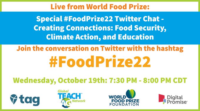 Ready to kick off our TwitterChat with #FoodPrize22!  I am an ag teacher in Kentucky with a heart for inspiring my students to care about Food Insecurity and maybe be the next Norman Borlaug.  I'm with change-makers from 65 countries!