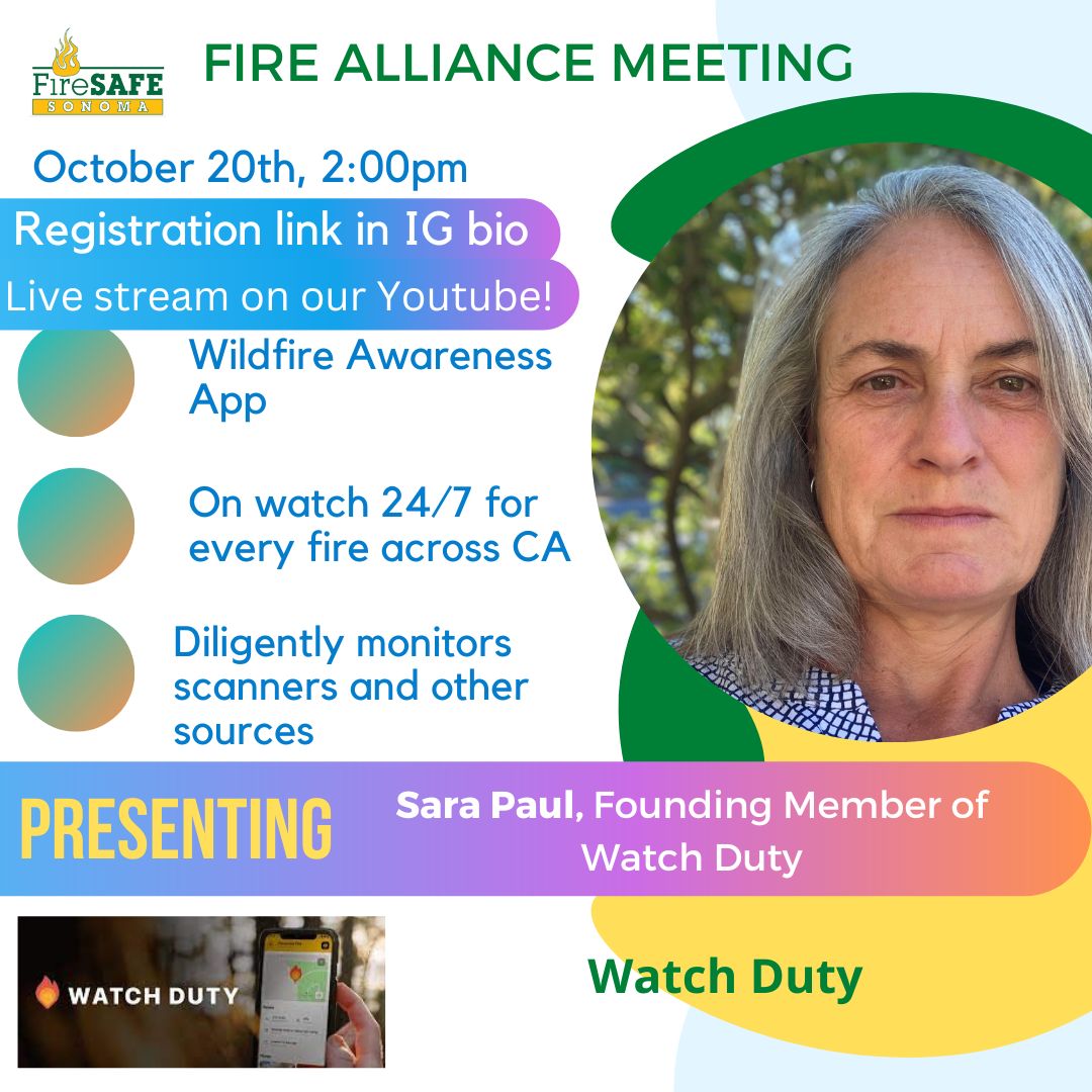 Our monthly Fire Alliance meeting is tomorrow, 10/20, at 2PM! We will be having an amazing guest from Watch Duty to talk about its Wildfire Awareness capabilities. This is one meeting you do not want to miss. We will be live streaming from our Youtube channel as well as on Zoom!