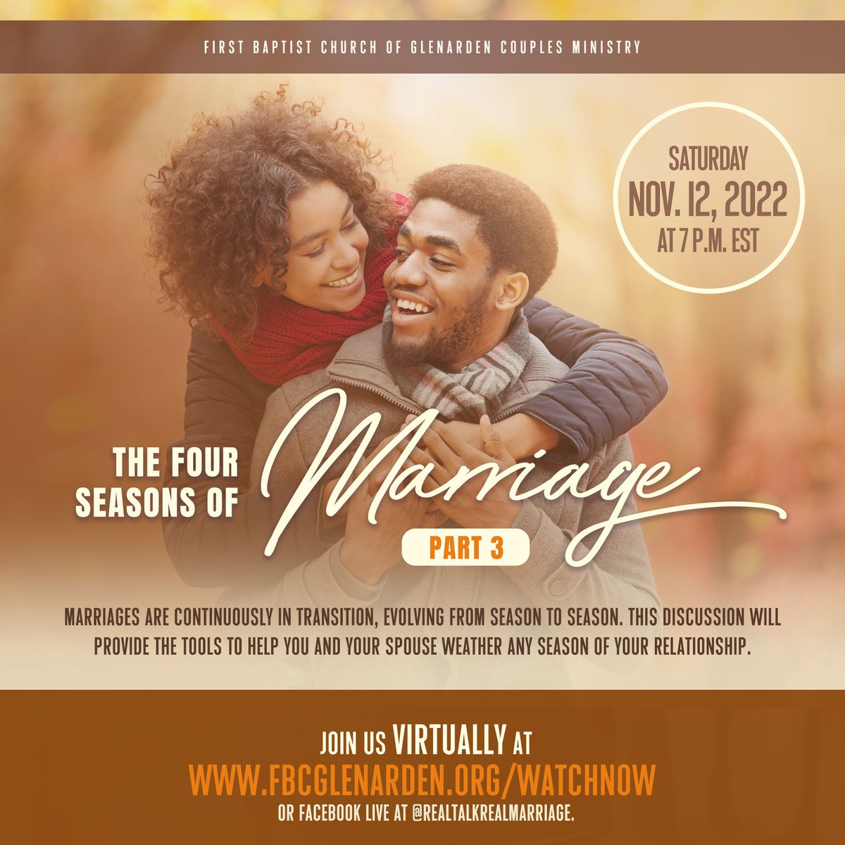 CouplesRTRM's tweet photo. Marriages are continuously in transition, evolving from season to season. This discussion will provide the tools to help you and your spouse weather any season of your relationship. Join us VIRTUALLY at https://t.co/Hjiffr6ip8 or Facebook Live @Realtalkrealmarriage. https://t.co/3wz75RPyCB