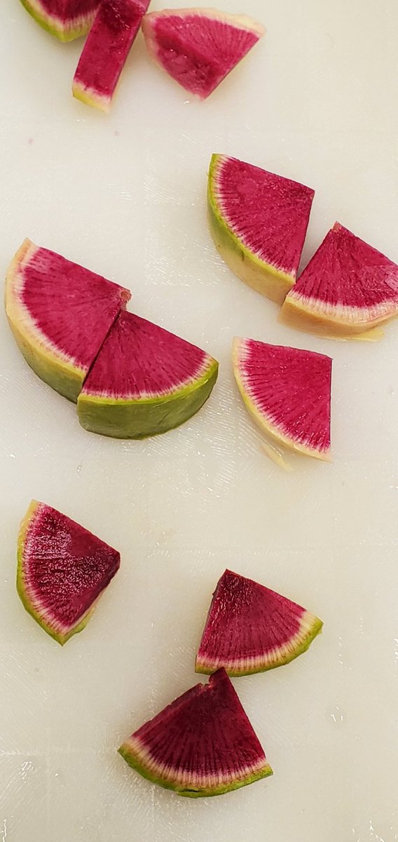 KKuhse's tweet photo. Farm to School taste test - watermelon radishes. Crunchy and spicy combo. https://t.co/S02hRySkVW