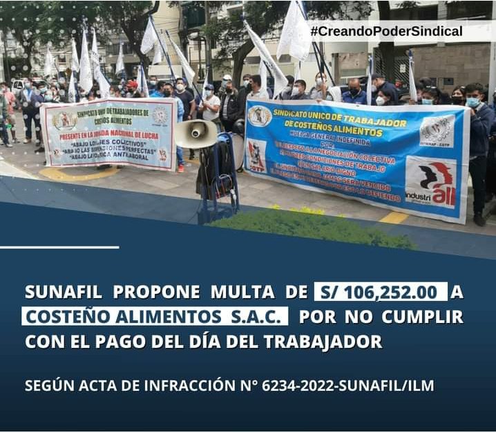SINDICATOCERUTI's tweet photo. @SunafilPeru propone multa de S/ 106,252.00 soles a Costeño Alimentos por no haber cumplido con el pago del día del trabajador
@FETRIMAP_CGTP 
@cgt_peru 
@sigridbazan https://t.co/t7HVm67SZC