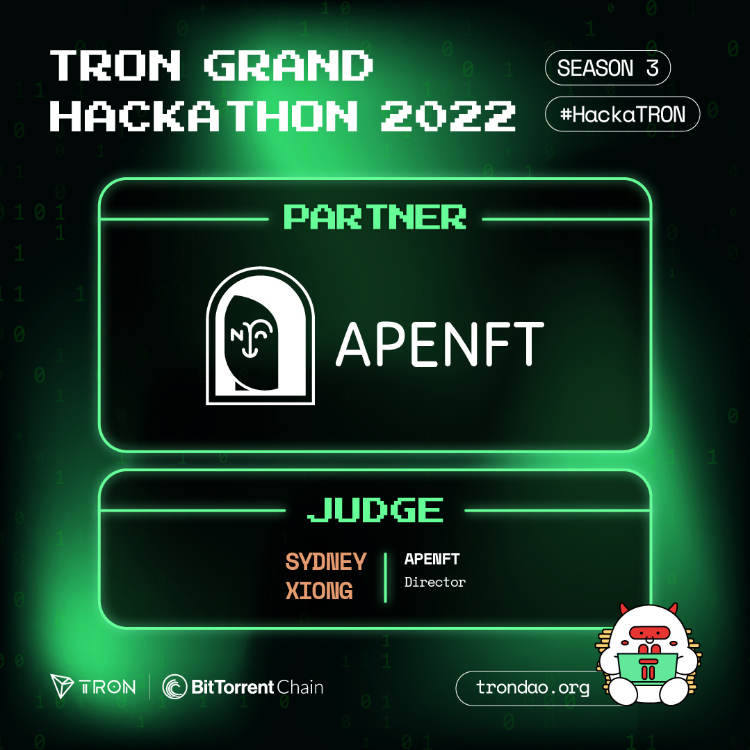 We're glad to welcome back our partner @apenftorg to Season 3 of #HackaTRON! 🎉 Special thanks to Sydney Xiong for returning to the judging panel this season. 🤝 #sTRONgerTogether💪