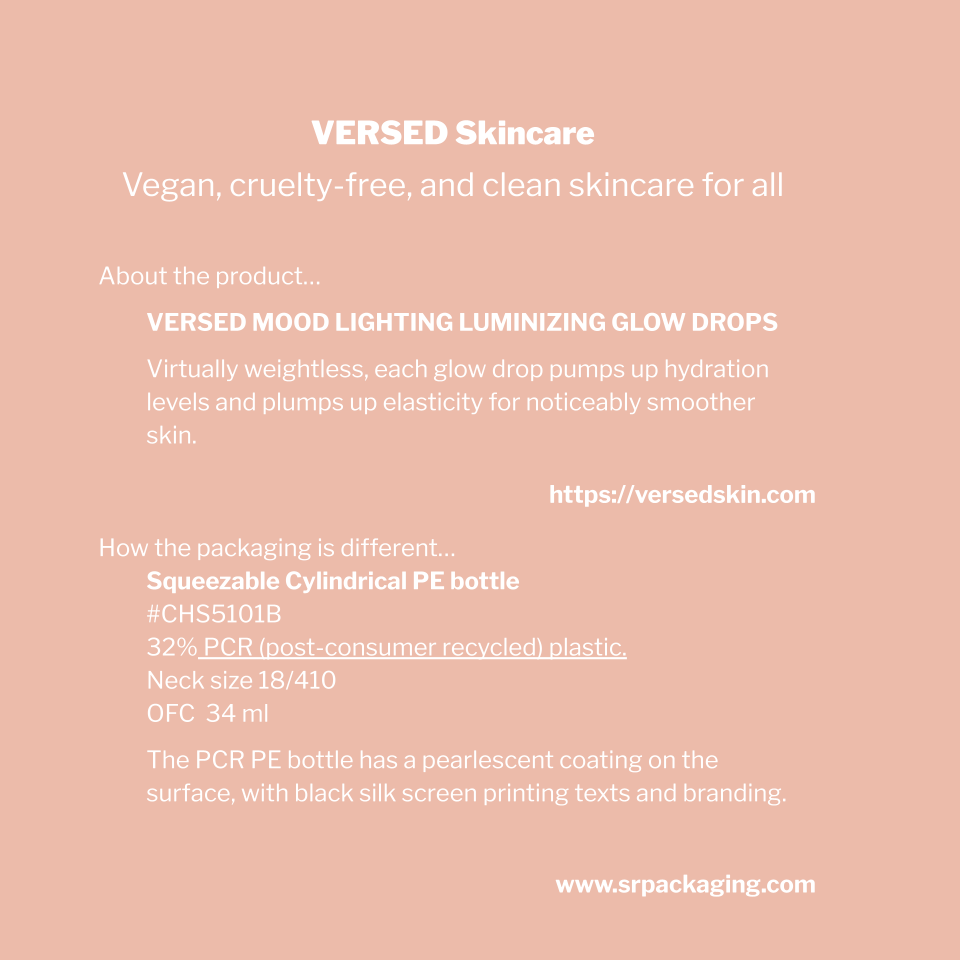 sr_packaging's tweet photo. #VERSED #Skincare #Vegan, #crueltyfree, and #cleanskincare
MOOD LIGHTING LUMINIZING GLOW DROPS
#Squeezable #Cylindrical #PEbottle
#CHS5101B
#PCR (post-consumer #recycledplastic
#pearlescent #coating on the surface
#silkscreenprinting branding
https://t.co/hs7VgGuT3E
#cleanbeauty https://t.co/bBkajChxQz