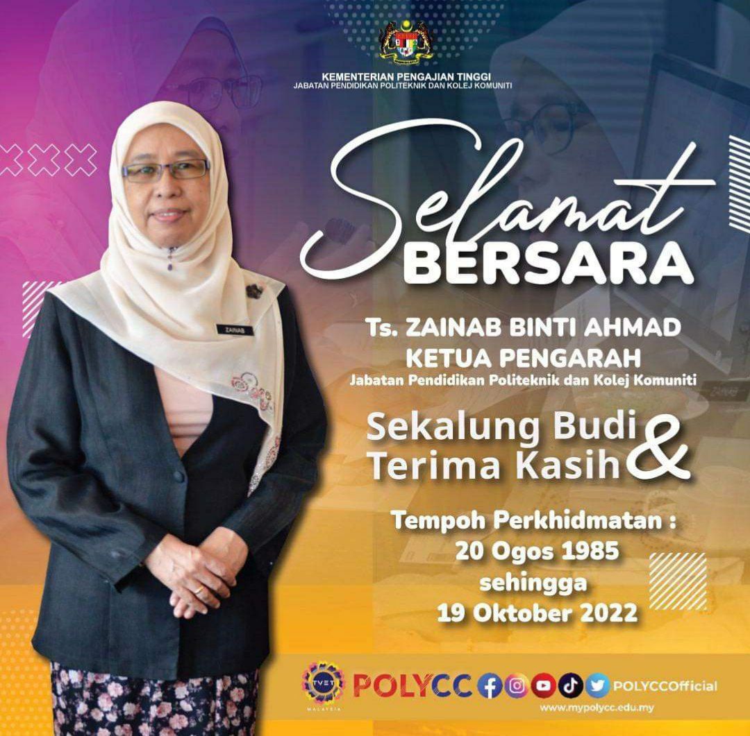 kkseg2's tweet photo. Pengarah &amp; Warga Kolej Komuniti Segamat 2 merakamkan penghargaan dan ucapan terima kasih di atas segala jasa yang diberikan sepanjang tempoh perkhidmatannya. YBrs. Ts. Zainab Ahmad telah mula bertugas dalam Perkhidmatan Awam bermula 20 Ogos 1985 sehingga 19 Oktober 2022. https://t.co/xt0Qqlng4l