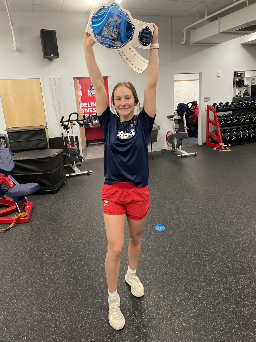 RMUSoftball's tweet photo. #ANDNEW 

@juliaehrman knocks off @r_rhinehart6 after a fun night in the weight room. 

Who’s coming for that beautiful @UndisputedBelts #ColonialChallenge Championship next?

#CompeteTogether https://t.co/SuQ7J0VlZ1