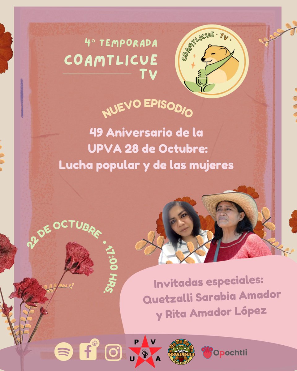 CoatlicueViva's tweet photo. 49 aniversario de la Unión Popular de Vendedores Ambulantes

Te esperamos este sábado 22  octubre en el programa, con las compañeras Quetzalli y Rita de la @UPVA28OCT, 

Celebramos a nuestrxs compas por estos 49 años de lucha y resistencia

¡Nos vemos el sábado en #CoamtlicueTV https://t.co/lCjZyzq53S