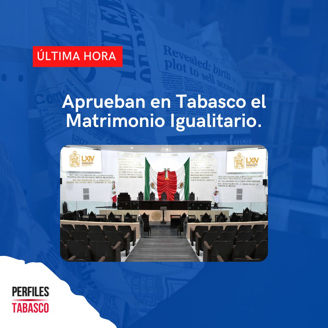Con 22 votos a favor y 6 en contra y 7 abstenciones, el <a href="/CongresoTab/">Congreso Tabasco</a> aprueba el matrimonio igualitario en Tabasco, propuesto por la Fracción Parlamentaria de Morena. <a href="/morena_tab/">Morena Tabasco</a> 

#LGBT #CongresoTabasco #MatrimonioIgualitario