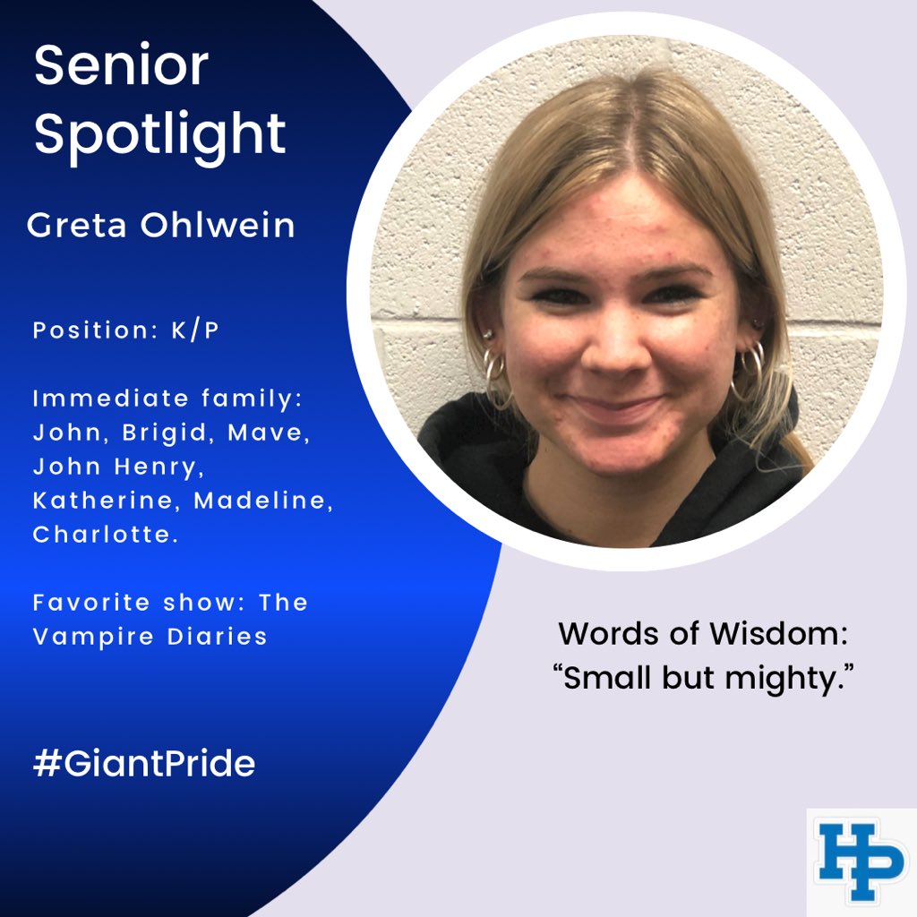Senior Spotlight: Greta Ohlwein Late to the game, but has improved in her time, Greta finishes her first year of football as a senior. #GiantPride