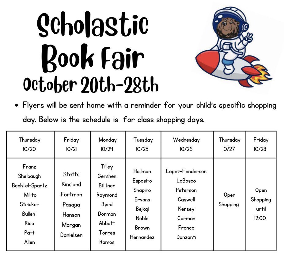 CESlovesbooks's tweet photo. The Scholastic Book Fair starts tomorrow!! Check the schedule to see when your child attends the book fair! @CESCorkyBear https://t.co/6yoIyy67kE