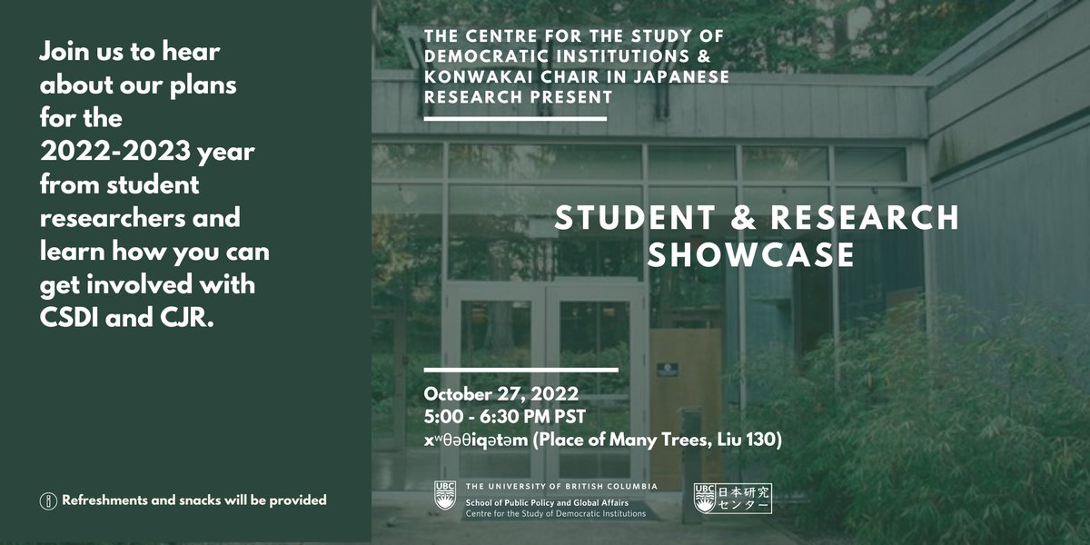 UBCDemocracy's tweet photo. Join @UBCDemocracy and @CJR on October 27th at 5pm to learn about our plans for the upcoming year and hear from our fantastic team about their research! Register at https://t.co/2ClHGlV2db
@ubcSPPGA @HeidiTworek @cjtenove @Yves_Global https://t.co/0MScSheMiL