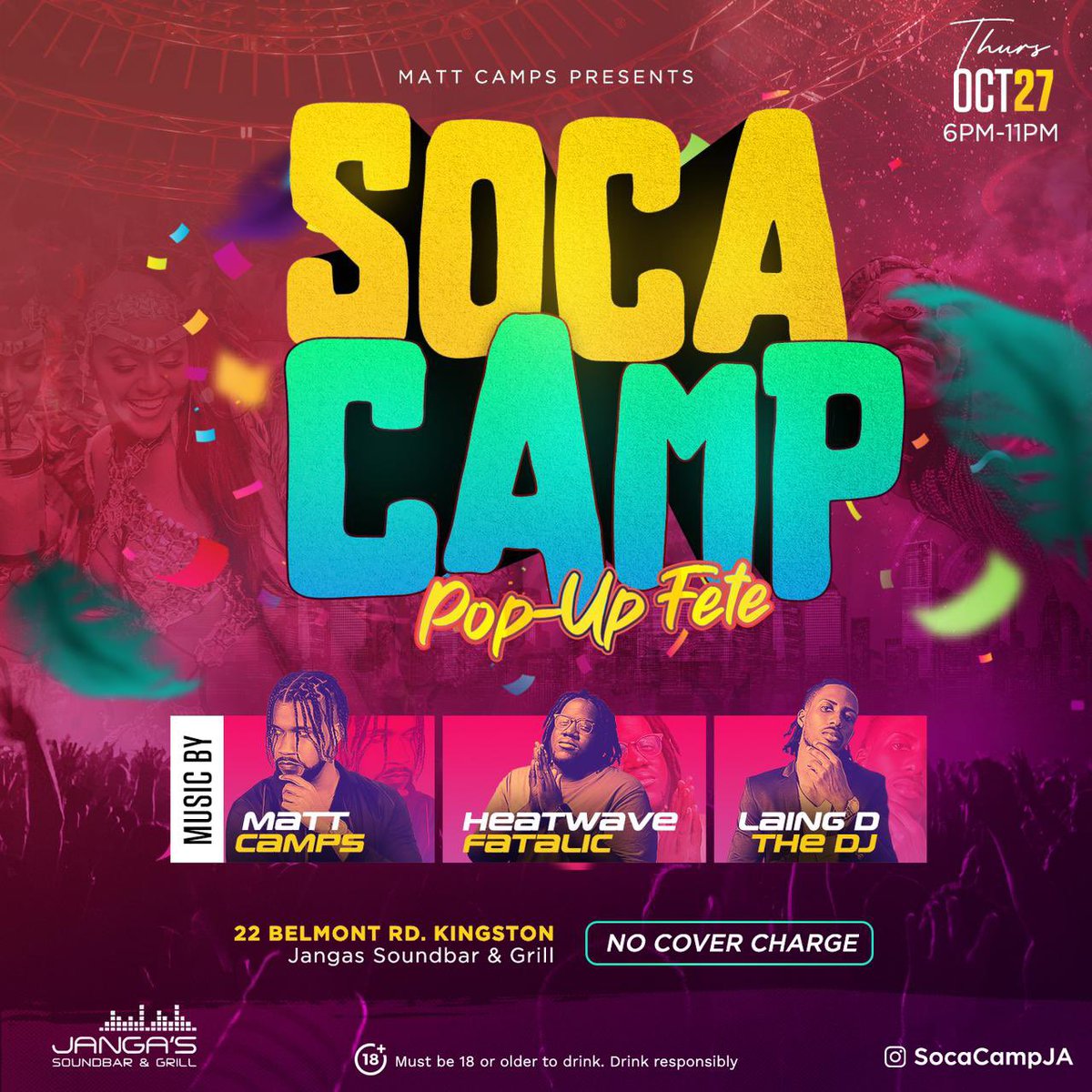 BoomdrawOfFizix's tweet photo. Do I hear Soca Camp? ⛺
Fwd out to Jangas Soundbar for the first Soca Camp Pop Up Fete on October 27. 🗓📍
#OneSoca, #OneCamp 💫
See you there 🎤🔥
#socacampja #jamaica #popupfete https://t.co/lSyZjFUeLj