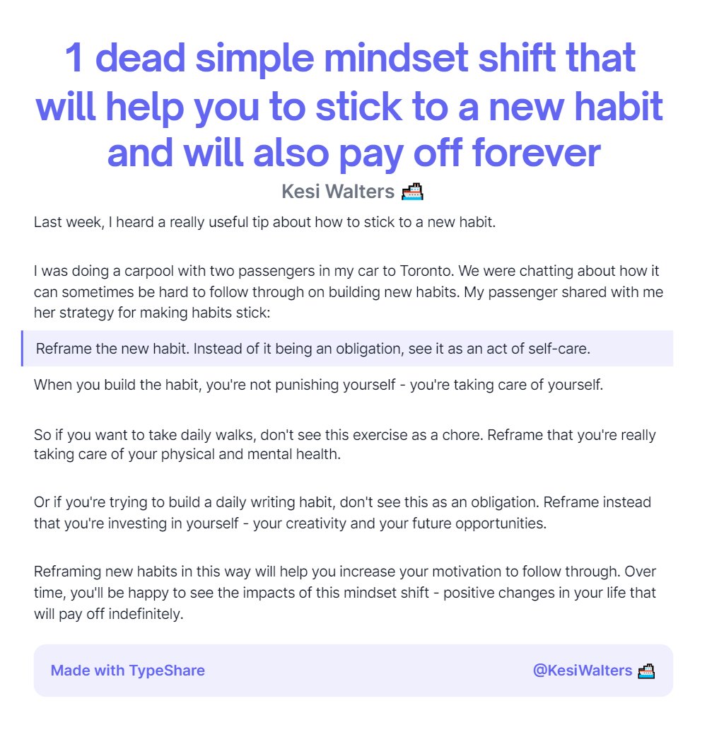 KesiWalters's tweet photo. Here's 1 mindset shift that can help you stick to a new habit. Plus it'll pay off forever.  #ship30for30 https://t.co/8lgyVkviVV