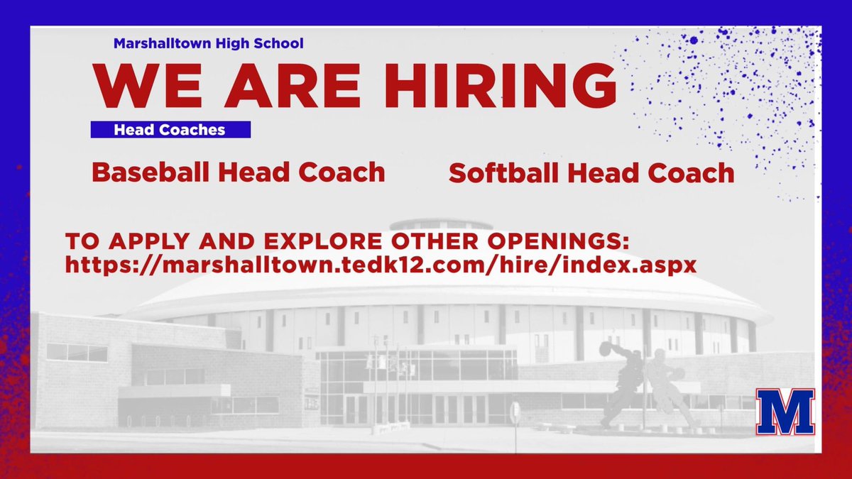 Marshalltown_AD's tweet photo. Marshalltown High School is still accepting applications and seeking leadership for head baseball &amp; head softball.

Iowa Coaching Authorization required. 

Softball Application: https://t.co/WpiRSQMMVi

Baseball Application: https://t.co/6QgqCiE2Ee https://t.co/SstWdCy37H
