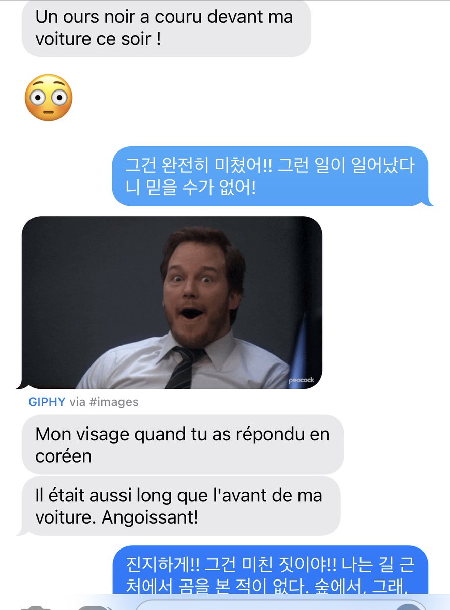 kathrynrh's tweet photo. So this is how my work bestie and I text now. It is my new favorite thing. (We just use the translate function for text, but it is my favorite!) https://t.co/kH4yeeMOKf