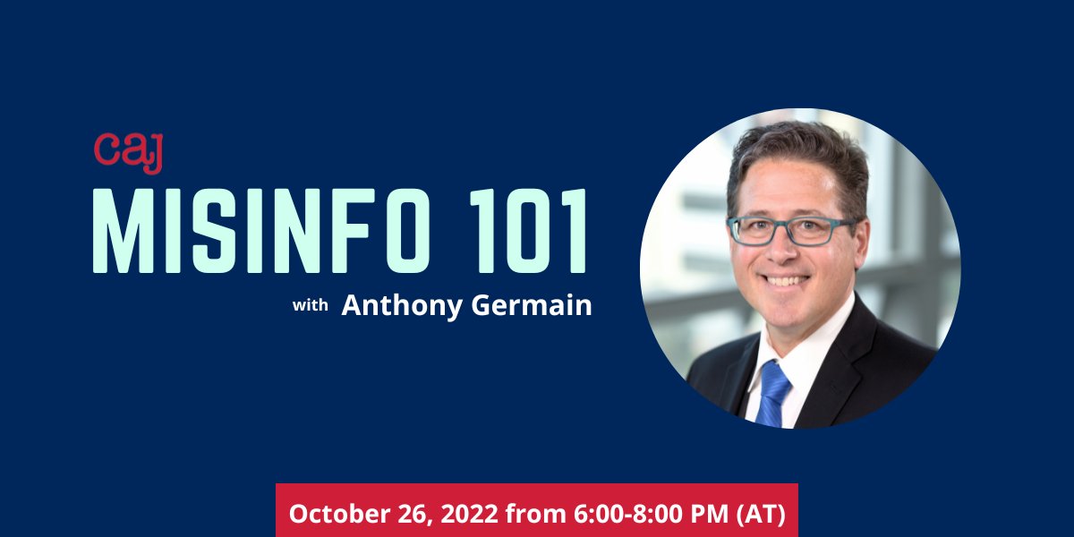 📢The twelfth session in the CAJ's national Misinfo 101 series, happening Oct 26, will be led by College of the North Atlantic's Anthony Germain. @anthonygermain 💻Register to attend or view other sessions at: caj.ca/programs/misin…