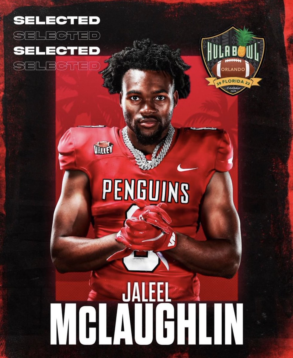 Congratulations to Jaleel McLaughlin on being selected for the @Hula_Bowl this January! 🐧🏈 We are really excited to have Jaleel McLaughlin come out to play at the 2023 Hula Bowl College All-Star Game in Orlando, Florida!! #hulabowl #football @ysufootball