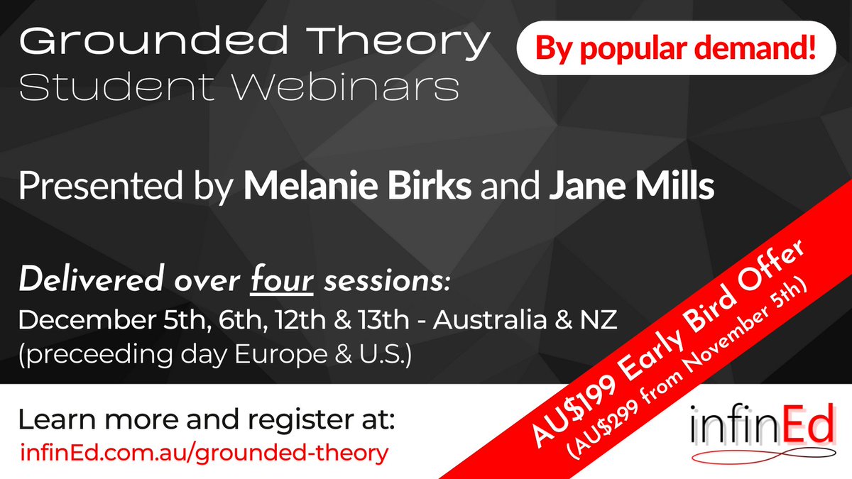 Thanks to everyone who requested that @profjanemills and I run a virtual grounded theory offering. We are excited to announce a series of four webinars for students in December! #GTWebinars

infined.com.au/grounded-theory