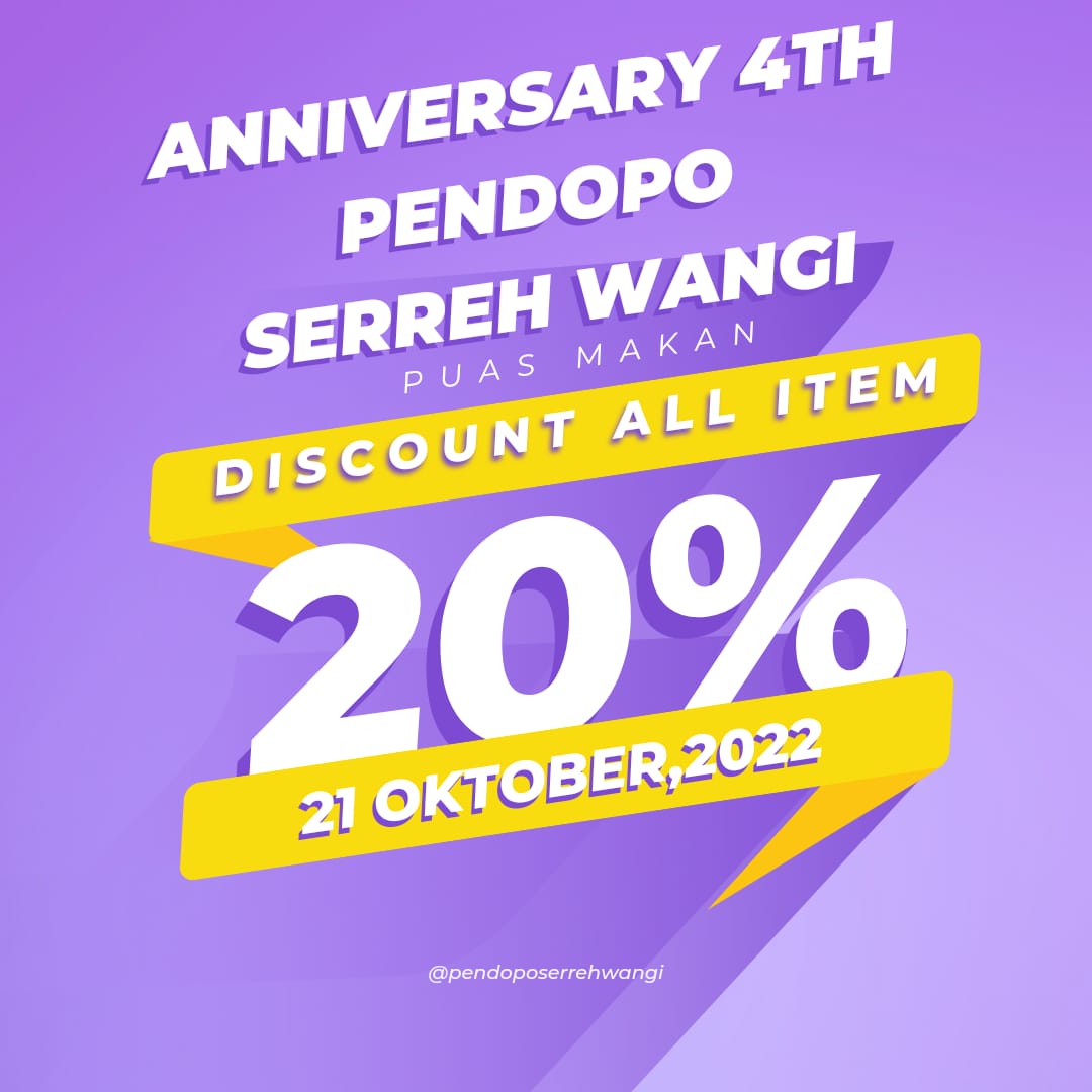 Gaess, ayo ajak teman &amp; keluarga makan bersama di Pendopo Serreh Wangi. 

g.co/kgs/y74jn2 

Promo terbatas! CUMA 21 OKTOBER 2022
Dapatkan diskon 20% untuk semua menu. 

#depokhits #depokkuliner
#infodepok #depokfood #cibuburkuliner #cibuburfood #cibubur #taposdepok #tapos