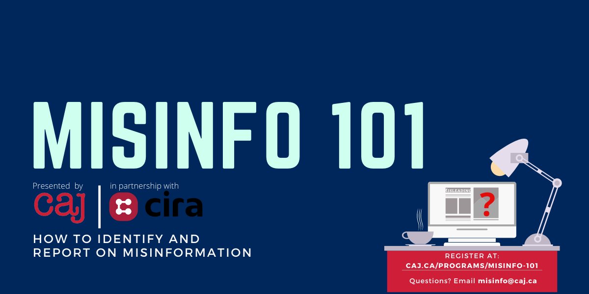 How bad is misinformation in Canada? What can journalists do to slow down the spread? The CAJ’s #Misinfo101 series aims to answer that and more. Make sure to book your seats for our coming sessions in October and November Details: caj.ca/programs/misin…