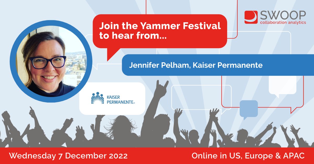 We are thrilled to announce Jennifer Pelham from Kaiser Permanente will be a headline speaker at this year's #YammerFestival!
Jennifer will explain how Kaiser Permanente activated a <a href="/Yammer/">Yammer</a> #champion program.
Register now: swoopanalytics.com/yammer-festival