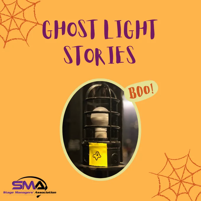 The words "GHOST LIGHT STORIES" in purple text above an oval frame containing a photo of a ghost light and a cartoon speech bubble with the word "BOO!". There are orange cartoon cobwebs in the top left and bottom right corners and a black/purple SMA logo in the bottom left corner. The background of the image is orange.