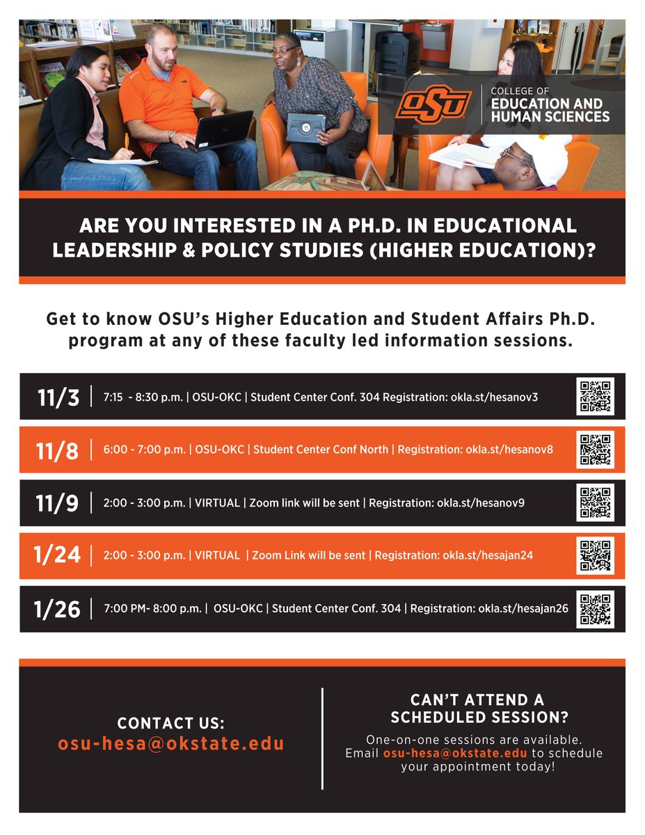 okstatehesa's tweet photo. Interested in a PhD in Educational Leadership and Policy Studies? 

Join us for one of our informational sessions! Dates and times are listed below! https://t.co/NlpyMJG1bT