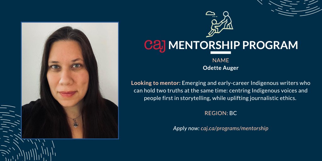 Odette Auger (@OdetteAuger) is pushing the boundaries of storytelling as the Managing Editor at @IndigiNewsMedia. Her stories focus on health and the environment with an Indigenous perspective. Apply to work with her by Nov. 1: caj.ca/programs/mento…