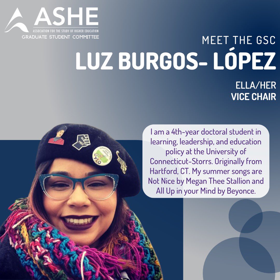 ashegrads's tweet photo. Next in our GSC spotlight reel, Luz Burgos-López, Vice Chair! Luz is a 4th year doctoral student at UConn, where she also works full-time. Her summer songs are Not Nice by MTS and All Up in Your Mind by Beyoncé. 💃🏻 #ASHEGSC #ashegrads https://t.co/ZyyCHbNcWt