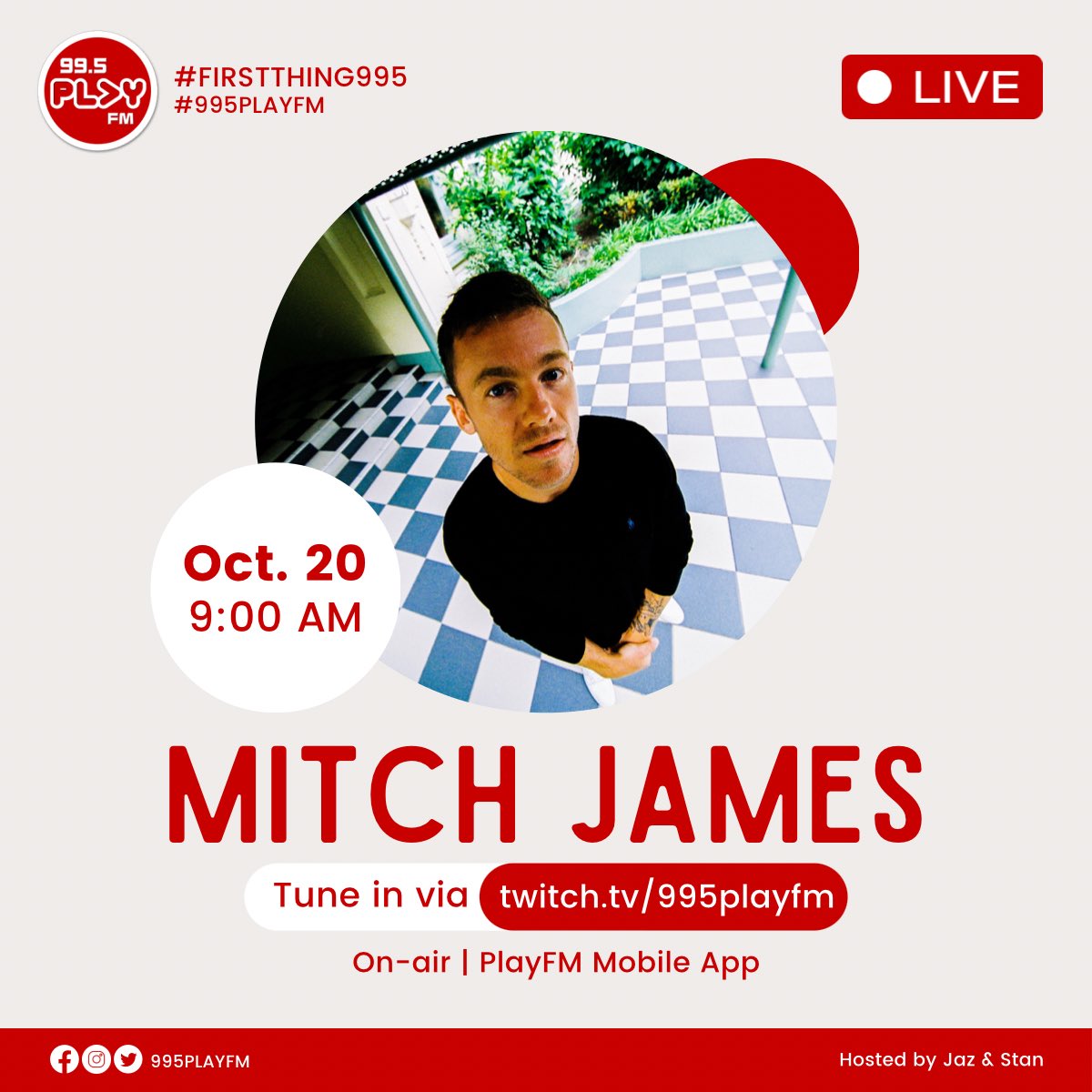 995PlayFM's tweet photo. RISE AND SHINE! ☀️
Tune in NOW on-air and online to catch our interview with MITCH JAMES! 🙏🏼😍

Join us now: https://t.co/lf3IMIUesH

#FTIM995 https://t.co/vhjbbE8agM