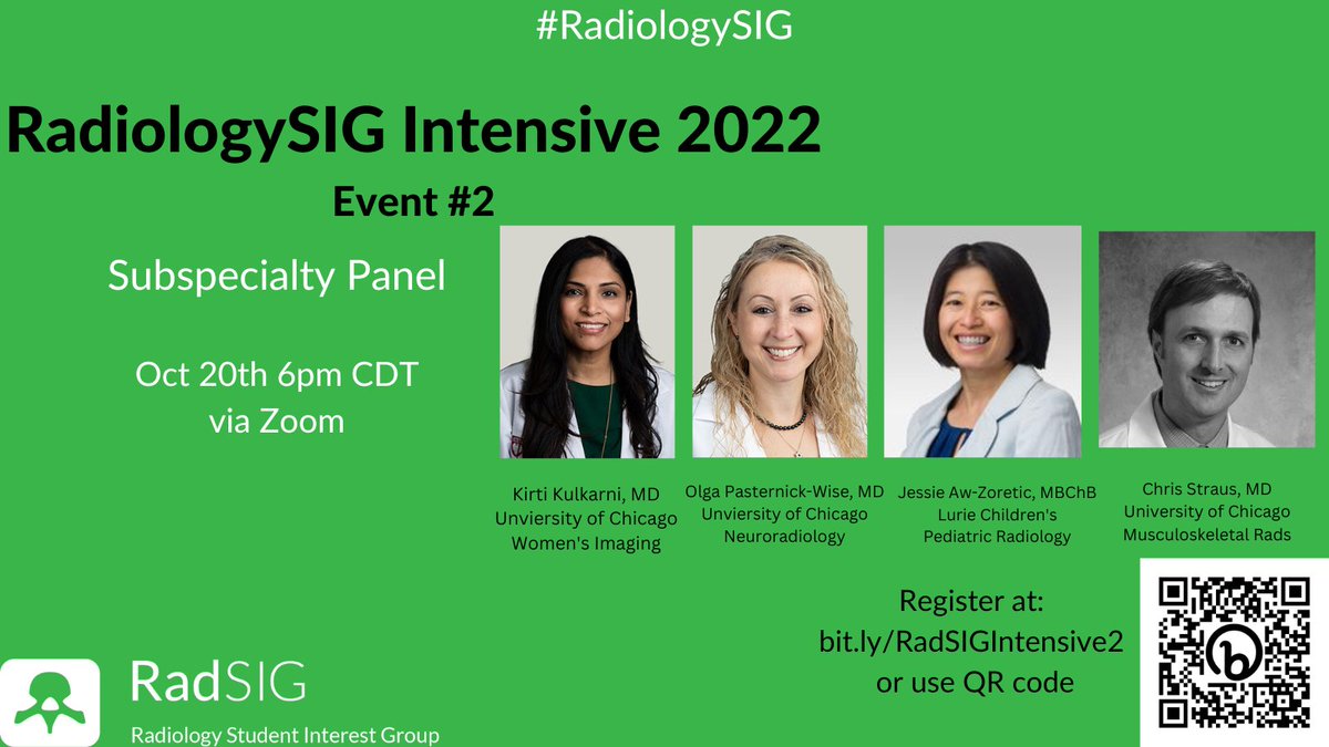 📢There's still time to register for our next event on Thurs 10/20 at 6pm Central! Join us to learn about several subspecialties within radiology! So many options to fit your career needs/interests! Register at: bit.ly/RadSIGIntensiv… #RadiologySIG