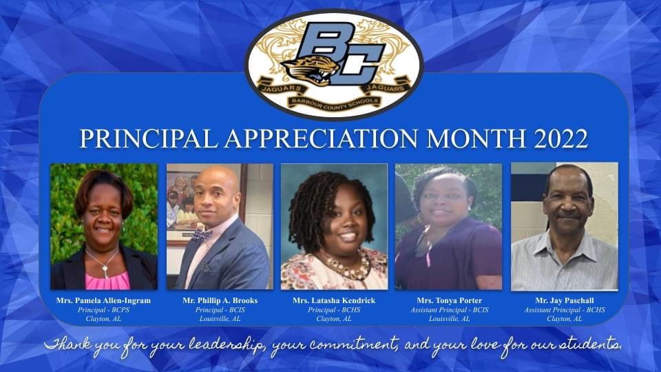 OCTOBER IS PRINCIPAL APPRECIATION MONTH! 

We take this moment to appreciate our awesome team of principals and assistant principals who work so diligently to serve the children, faculty, and stakeholders of Barbour County Schools. 

#wearebarbourcounty #barbourcountyschools