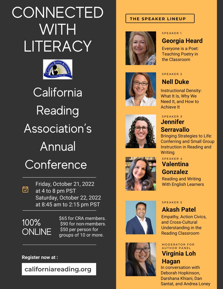 lsummers28's tweet photo. Join the @crareading at our Virtual Annual Conference on October 21-22.  With this exceptional of a lineup, it will be an event that you won’t want to miss.  Register online at https://t.co/LUrv1Ew09M.  Hope to see you there!  #CRA22Connect https://t.co/v2rwBTpVx5