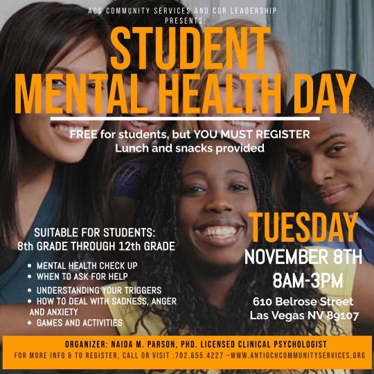 NACFAliante's tweet photo. Attention students, come out and get the information and tools needed for your mental health . 

This is a free event but you must register at
https://t.co/D0SJCfSS0b 
or call  702-655-4227.                            Organizer @NaidaMParson PHD https://t.co/VdO2C5zOg9