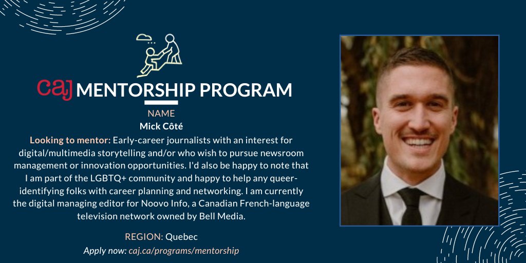 Mick Côté (@MickCote) is a bilingual journalist. He has been working in the field for 15 years and specializes in multimedia and digital reporting. Apply to work with him by Nov. 1: caj.ca/programs/mento…