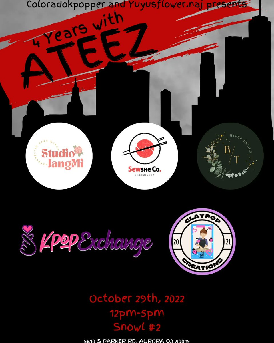 ColoradoKpopper's tweet photo. Happy to Announce our #4yearswithAteez vendors!

Make sure to stop by and check out all their great goodies!

October 29th, 12pm-5pm
Snowl #2 
5610 s. Parker Road. Aurora Co.

#ateez #ateezday #cupsleeve https://t.co/WcJkX0FvKd