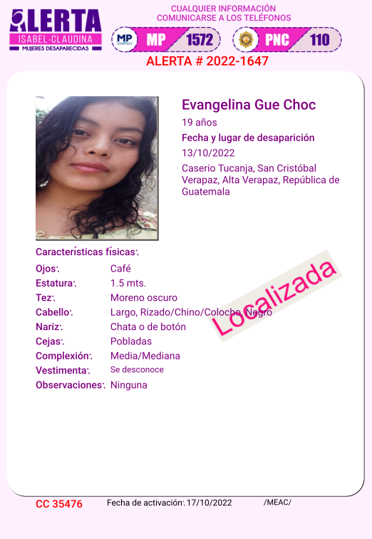 isabel_claudina's tweet photo. #AlertaIsabelClaudina
 Localizada
EVANGELINA GUE CHOC
Ha sido localizada 
Agradecemos haber compartido la información https://t.co/tIP2bB6hhG