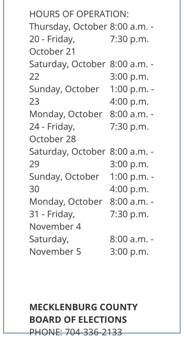 JohnRayBradford's tweet photo. Early voting starts tomorrow, 10/20, and ends on 11/05.  There are 17 consecutive days to early vote. Election Day is Tuesday, 11/08.  Cornelius Town Hall and the North County Library in Huntersville are early voting locations in North Mecklenburg. https://t.co/S1vAfshz4o