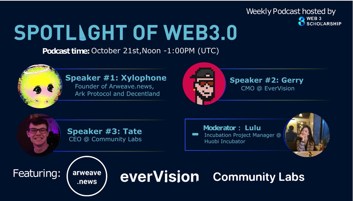 HTX_Incubator's tweet image. 🧑🚀It is being a while since our #Arweave Month event, what is new in the Arweave Ecosystem and what should we pay attention to?🤔
Joining us this Friday 8am EST to find out with our friends from @ArweaveNews @everVisionHQ and @CommunityLabs
👉: